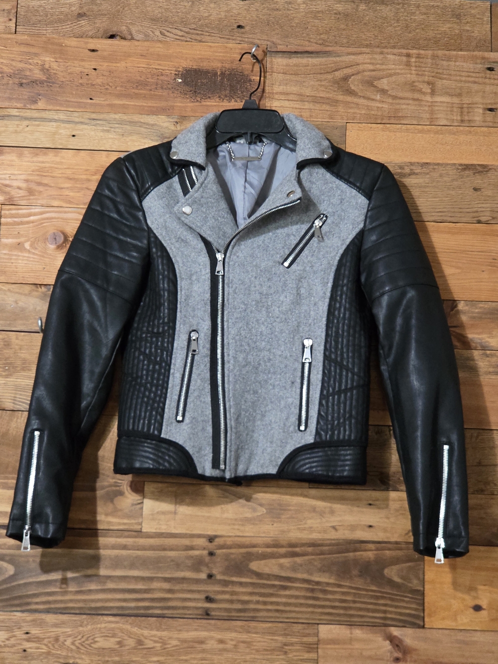 Paparazzi Women's S Gray Black Wool Blend Faux Leather Moto Biker Jacket